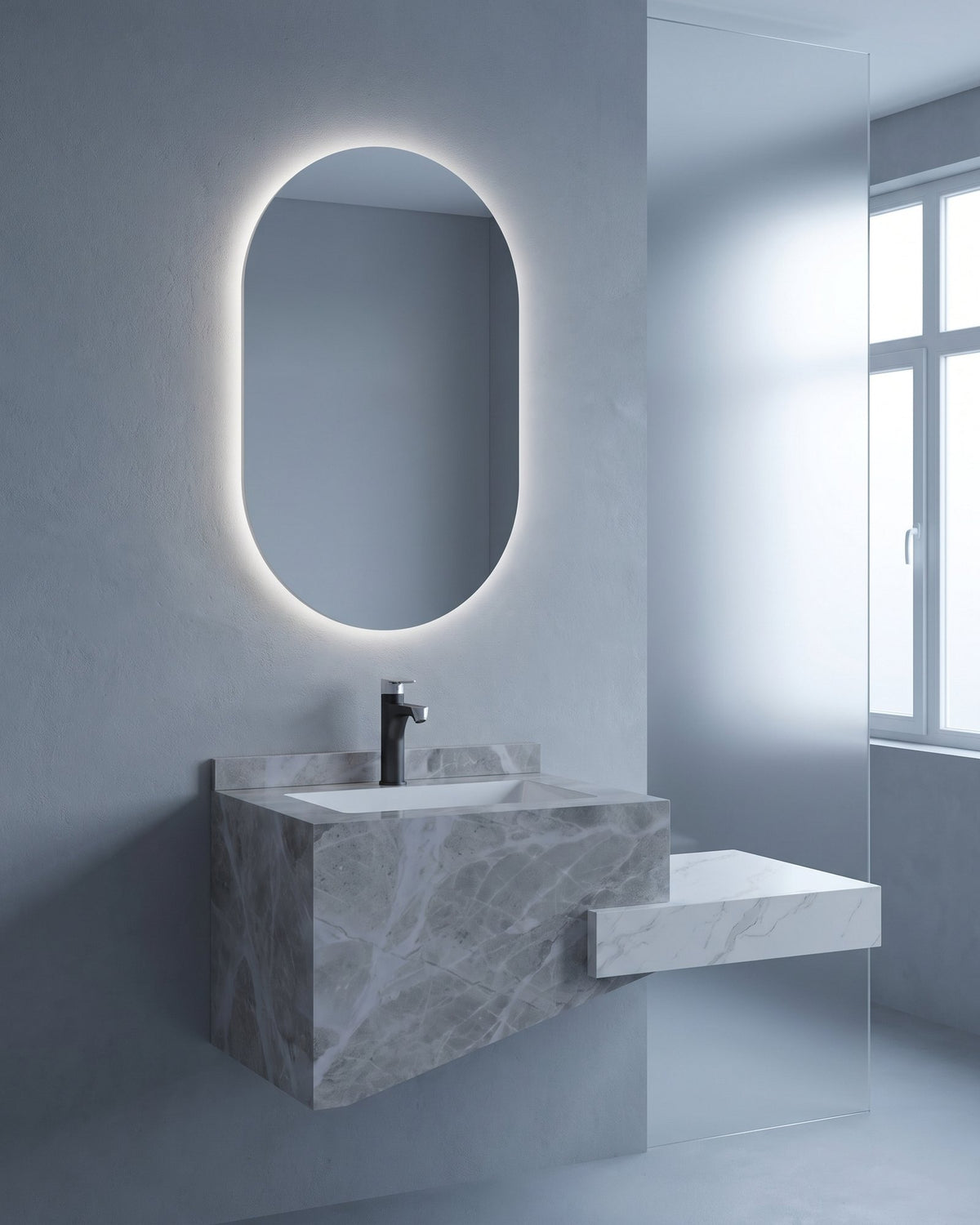 Conjunto De Lavabo + Espejo Led - Piedra Sinterizada - Mármol Gris Veteado - 100 Cm - 92-Rock-1006 instalado en un baño