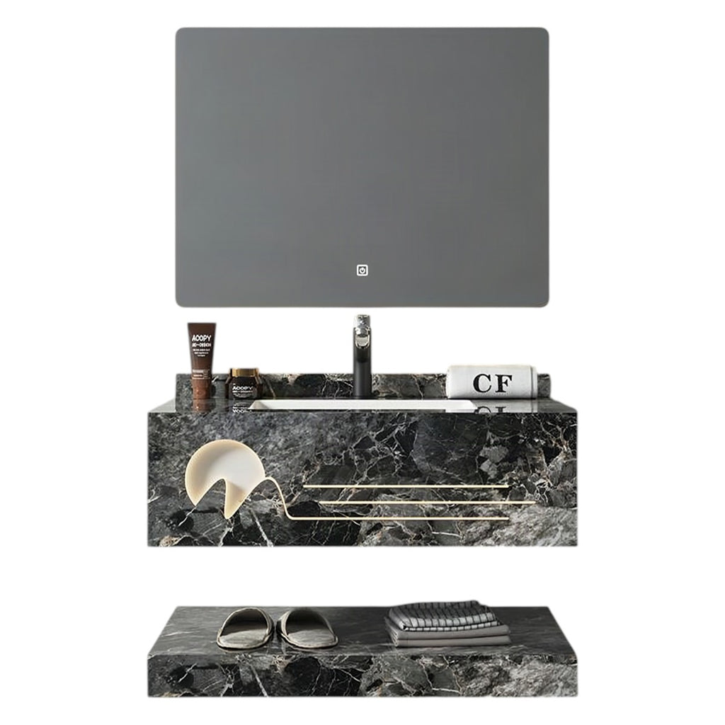 Conjunto De Lavabo + Espejo Led - Piedra Sinterizada - Mármol Negro Veteado - 80 Cm - 92-Rock-2001