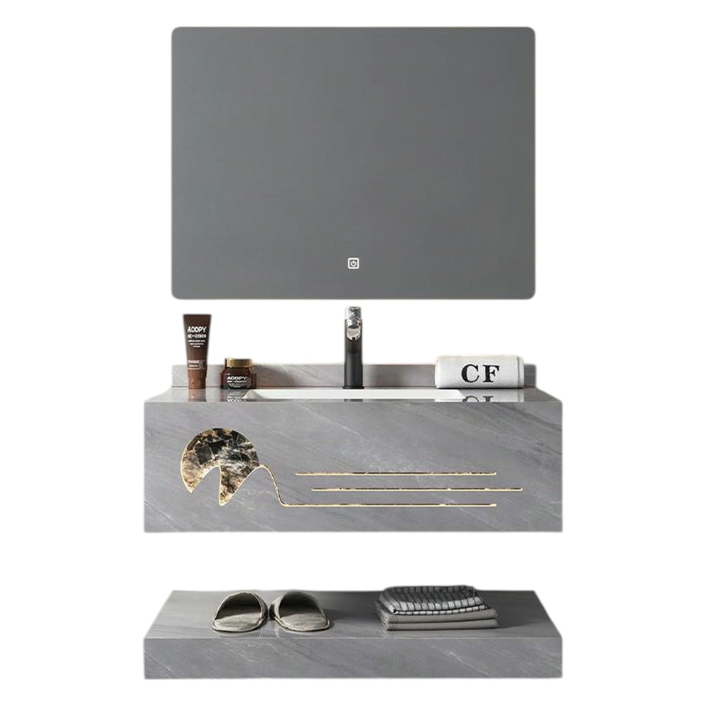 Conjunto De Lavabo + Espejo Led - Piedra Sinterizada - Mármol Gris Claro Con Vetas Doradas - 80 Cm - 92-Rock-2002