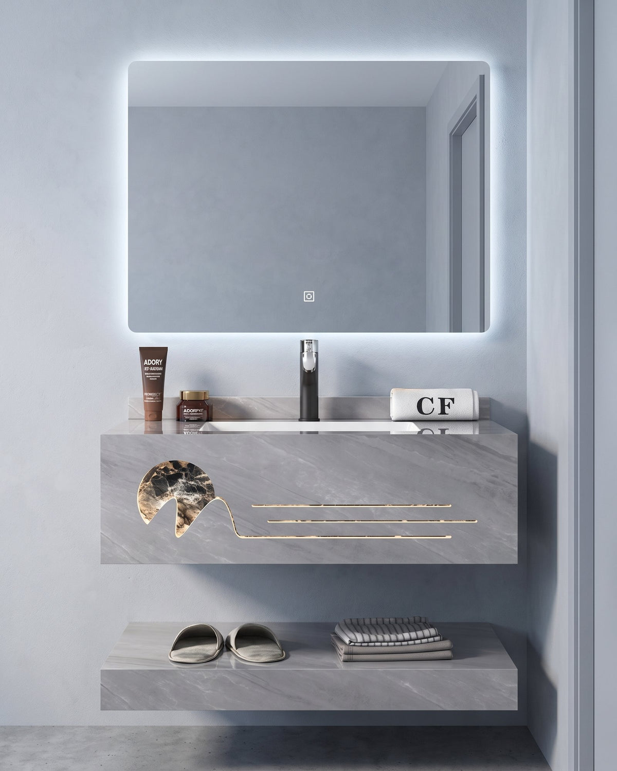 Conjunto De Lavabo + Espejo Led - Piedra Sinterizada - Mármol Gris Claro Con Vetas Doradas - 80 Cm - 92-Rock-2002 instalado en un baño