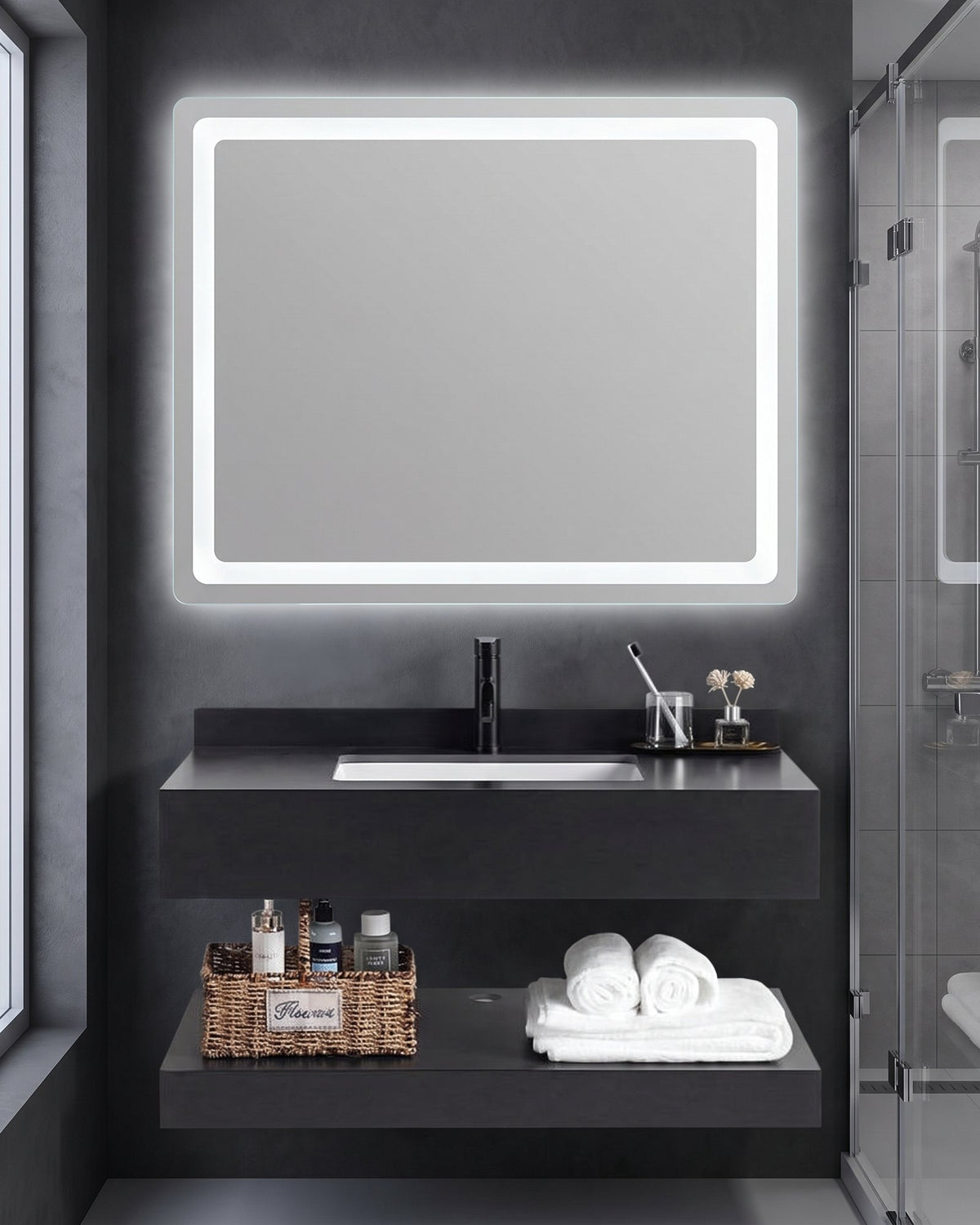 Conjunto De Lavabo + Espejo Led - Piedra Sinterizada - Negro Mate - 80 Cm - 92-Rock-2003 instalado en un baño