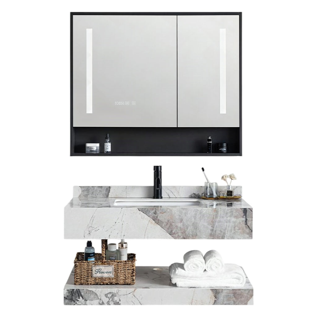 Conjunto De Lavabo + Gabinete Con Espejo Led - Piedra Sinterizada - Mármol Gris Claro - 80 Cm - 92-Rock-2004