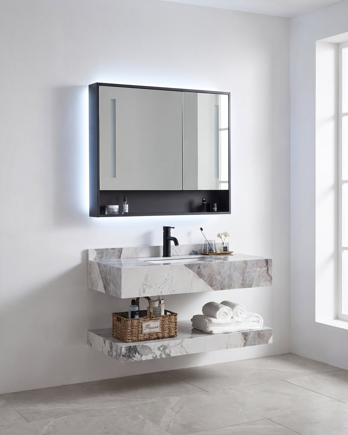Conjunto De Lavabo + Gabinete Con Espejo Led - Piedra Sinterizada - Mármol Gris Claro - 80 Cm - 92-Rock-2004 instalado en un baño