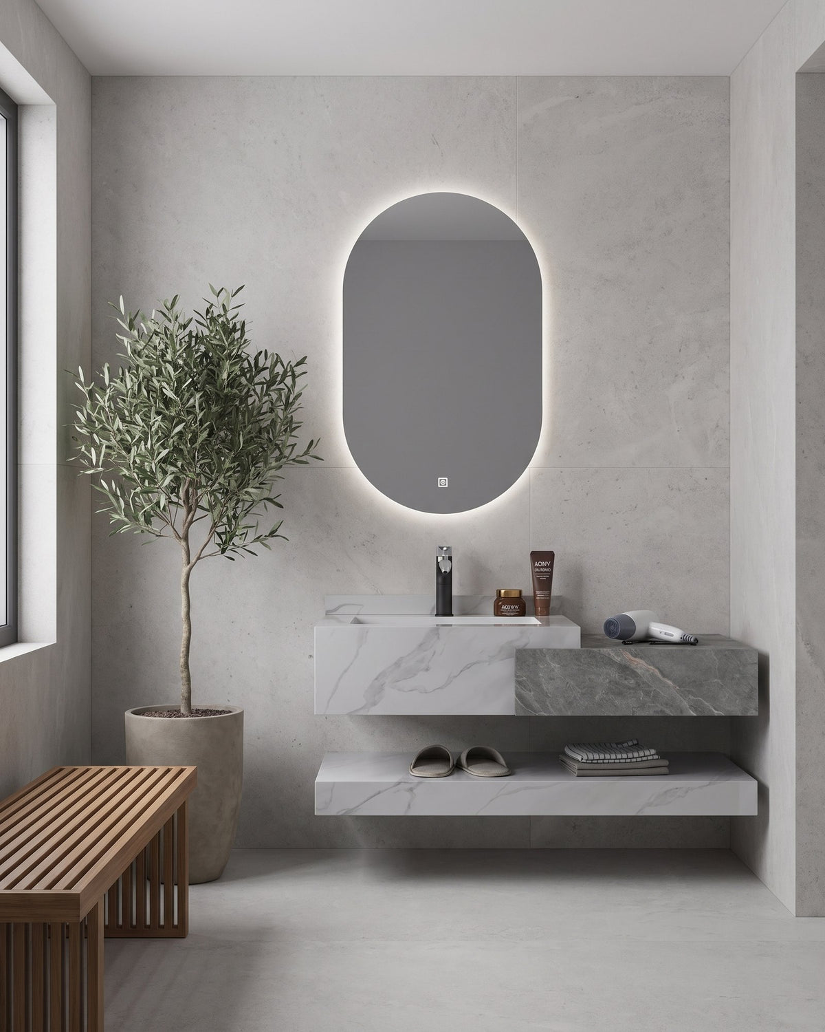 Conjunto De Lavabo + Espejo Led - Piedra Sinterizada - Mármol Gris Veteado - 100 Cm - 92-Rock-2005 instalado en un baño