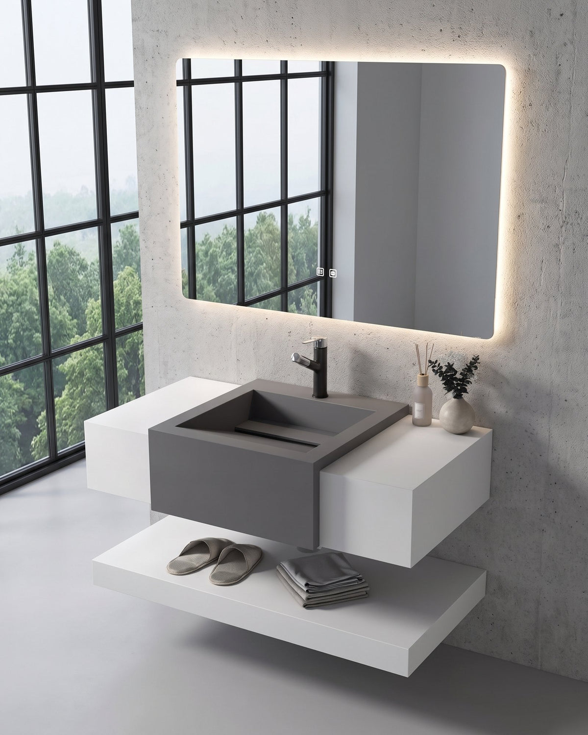 Conjunto De Lavabo + Espejo Led - Piedra Sinterizada - Blanco Con Lavabo Gris Grafito - 100 Cm - 92-Rock-2006 instalado en un baño