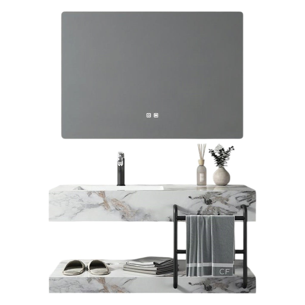 Conjunto De Lavabo + Espejo Led - Piedra Sinterizada - Mármol Blanco Veteado - 100 Cm - 92-Rock-2007