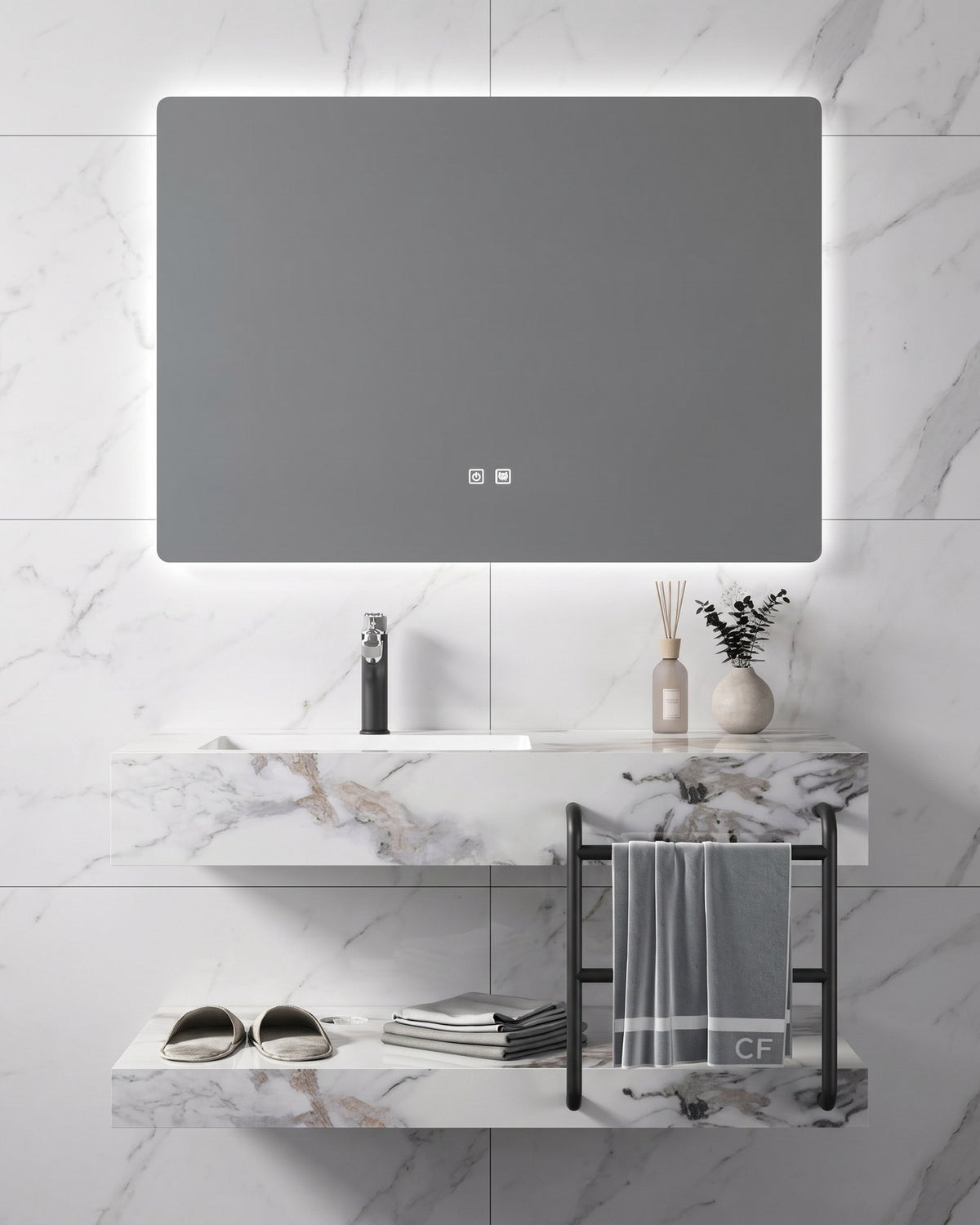 Conjunto De Lavabo + Espejo Led - Piedra Sinterizada - Mármol Blanco Veteado - 100 Cm - 92-Rock-2007 instalado en un baño