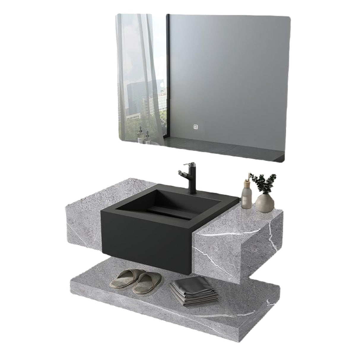 Conjunto De Lavabo + Espejo Led - Piedra Sinterizada - Mármol Gris Con Lavabo Gris Grafito - 100 Cm - 92-Rock-2008