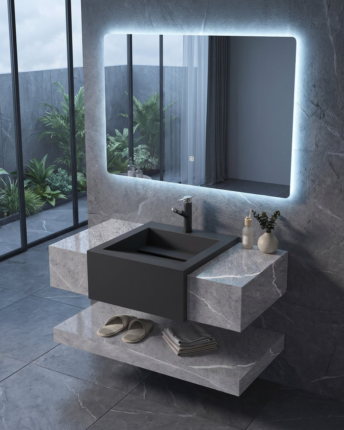 Conjunto De Lavabo + Espejo Led - Piedra Sinterizada - Mármol Gris Con Lavabo Gris Grafito - 100 Cm - 92-Rock-2008 instalado en un baño
