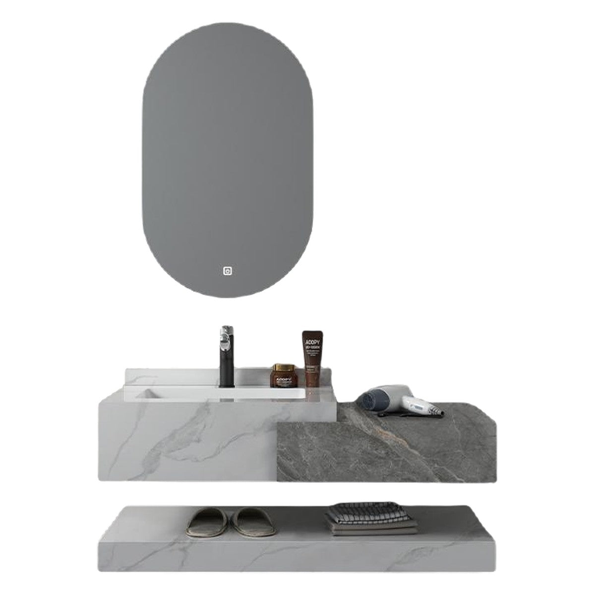 Conjunto De Lavabo + Espejo Led - Piedra Sinterizada - Mármol Gris Veteado - 100 Cm - 92-Rock-2010