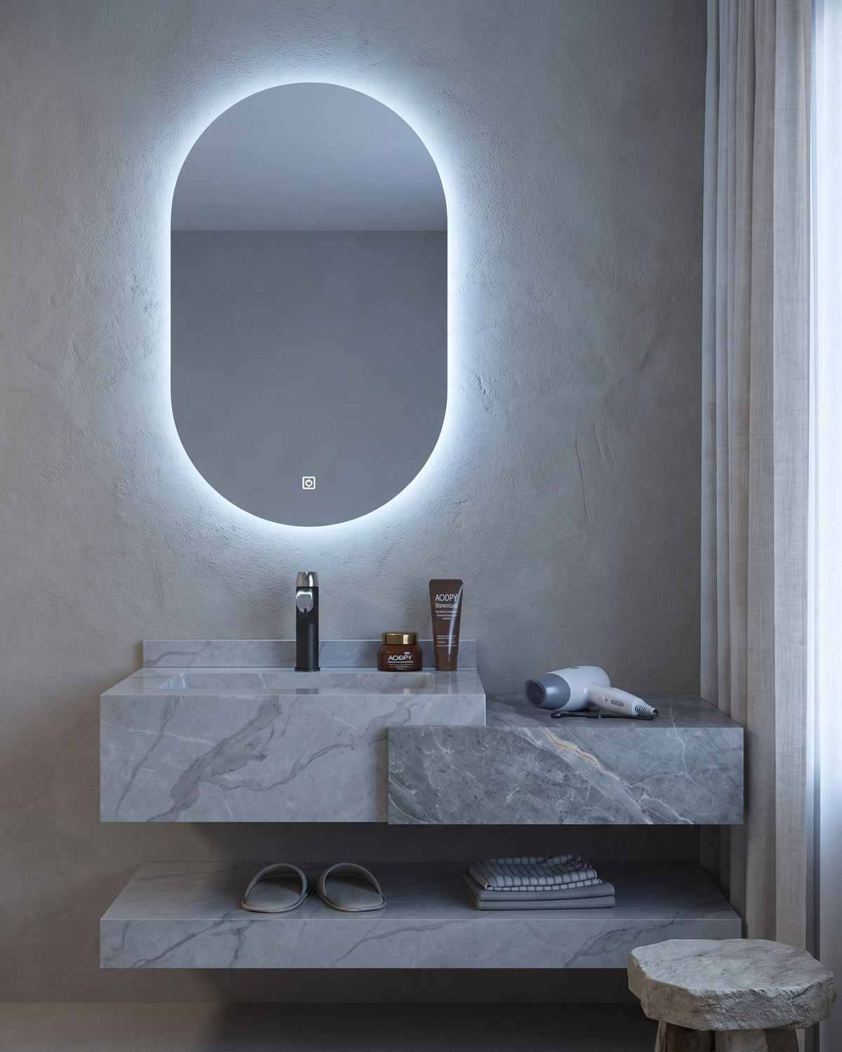 Conjunto De Lavabo + Espejo Led - Piedra Sinterizada - Mármol Gris Veteado - 100 Cm - 92-Rock-2010 instalado en un baño