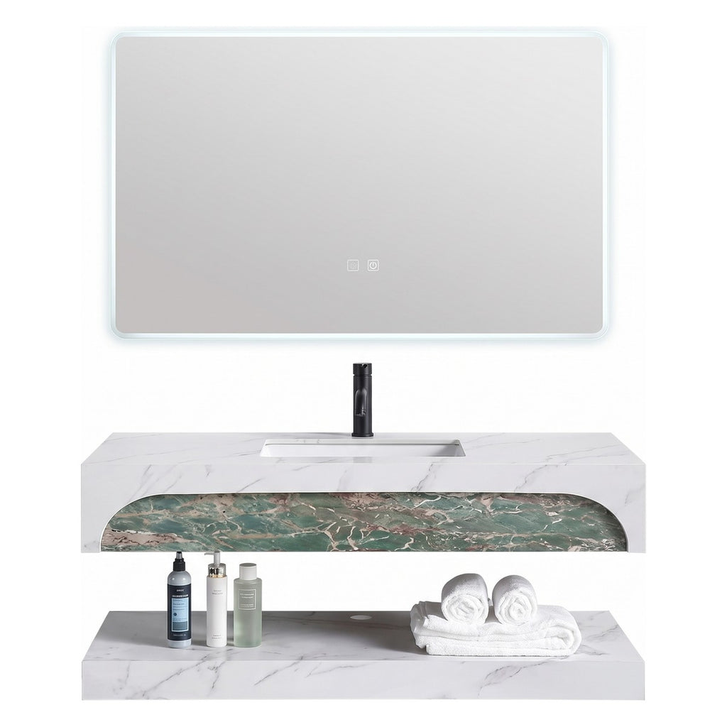 Conjunto De Lavabo + Espejo Led - Piedra Sinterizada - Mármol Blanco Con Veta Verde - 110 Cm - 92-Rock-2011