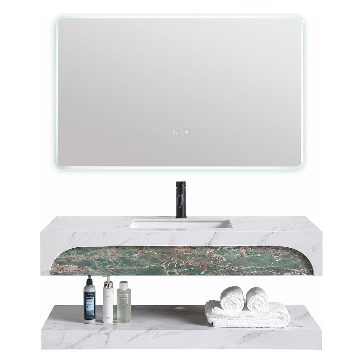 Conjunto De Lavabo + Espejo Led - Piedra Sinterizada - Mármol Blanco Con Veta Verde - 110 Cm - 92-Rock-2011