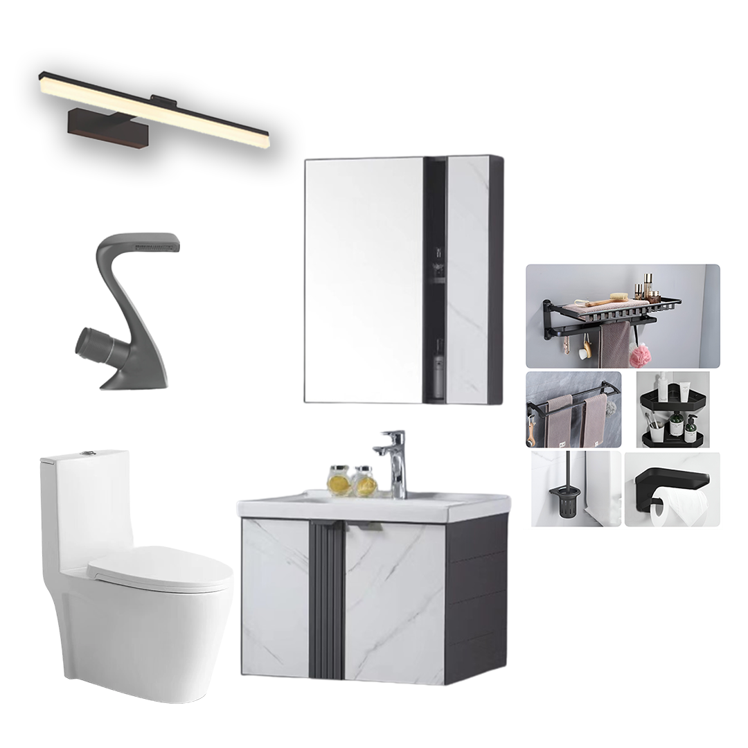 COMBO DE BAÑO 1 (MUEBLE DE BAÑO + ESPEJO + INODORO + GRIFO + LÁMPARA LED + ACCESORIOS DE BAÑO).