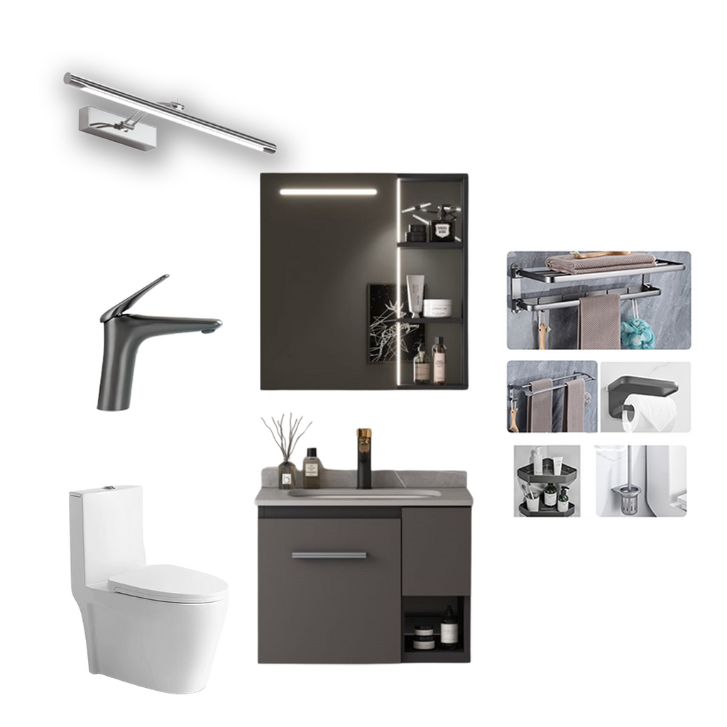 COMBO DE BAÑO 2 (MUEBLE DE BAÑO + ESPEJO LED + INODORO + GRIFO + LÁMPARA LED + ACCESORIOS DE BAÑO).