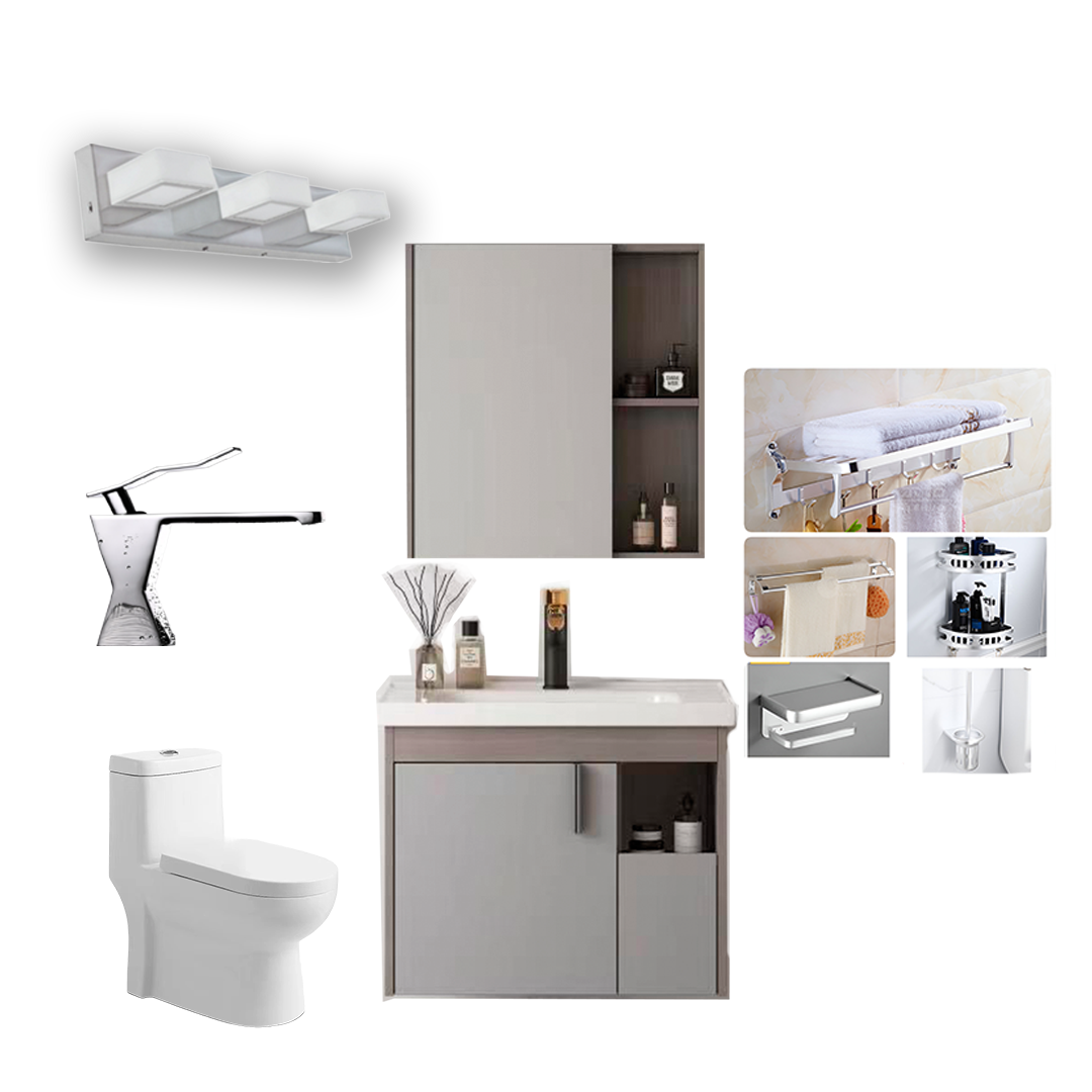 COMBO DE BAÑO 3 (MUEBLE DE BAÑO + ESPEJO + INODORO + GRIFO + LÁMPARA LED + ACCESORIOS DE BAÑO).