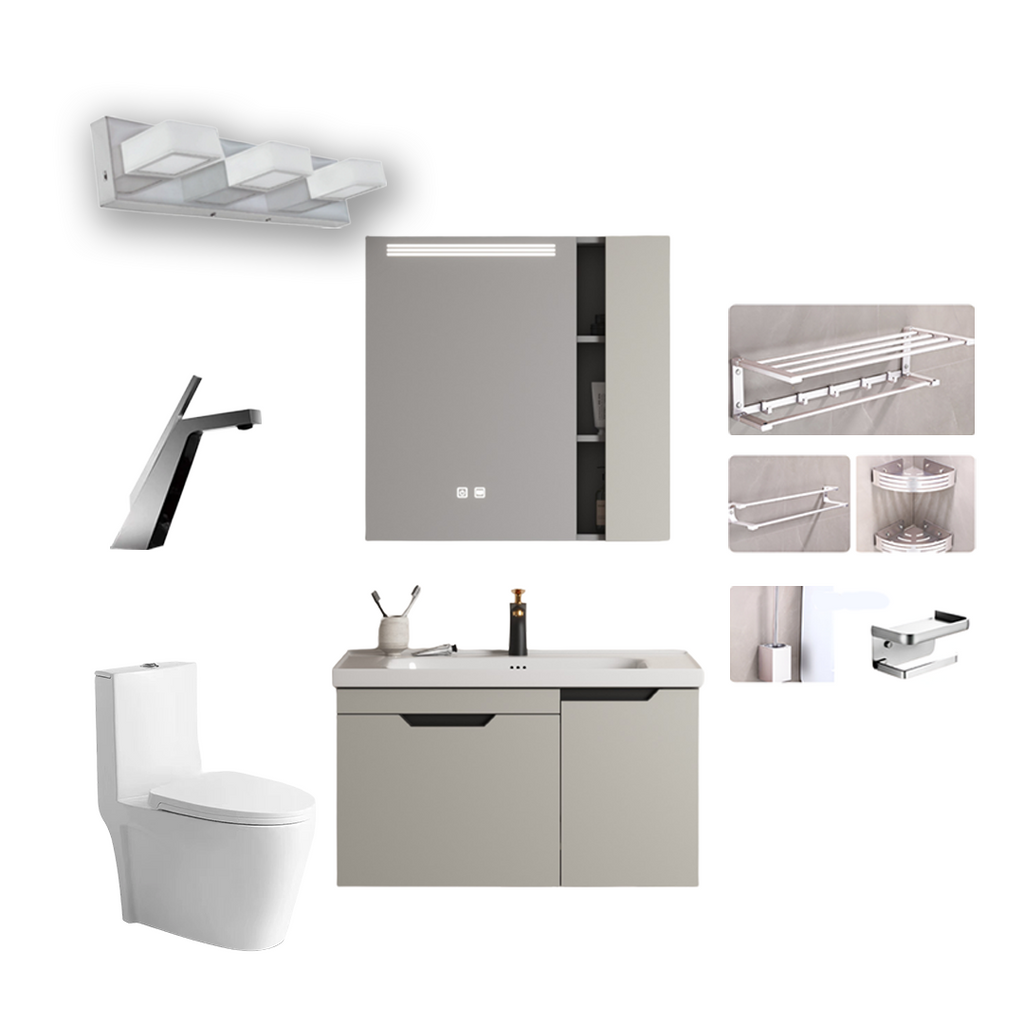 COMBO DE BAÑO 4 (MUEBLE DE BAÑO + ESPEJO LED + INODORO + GRIFO + LÁMPARA LED + ACCESORIOS DE BAÑO).