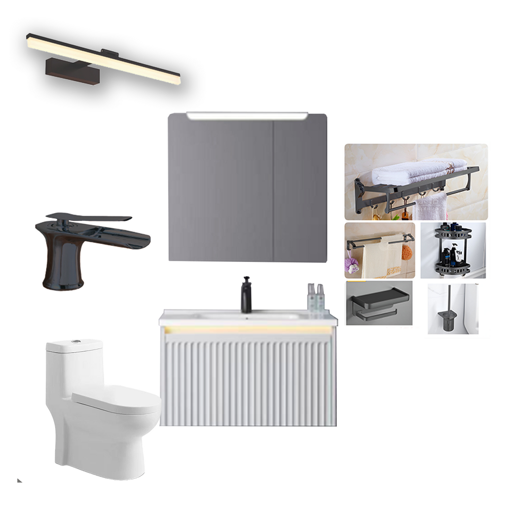 COMBO DE BAÑO 5 (MUEBLE DE BAÑO + ESPEJO LED + INODORO + GRIFO + LÁMPARA LED + ACCESORIOS DE BAÑO).