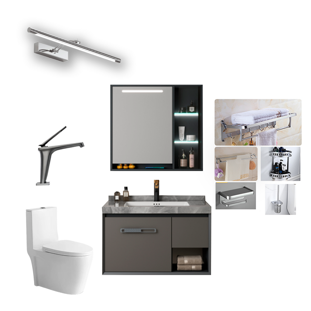 COMBO DE BAÑO 6 (MUEBLE DE BAÑO + ESPEJO LED + INODORO + GRIFO + LÁMPARA LED + ACCESORIOS DE BAÑO).