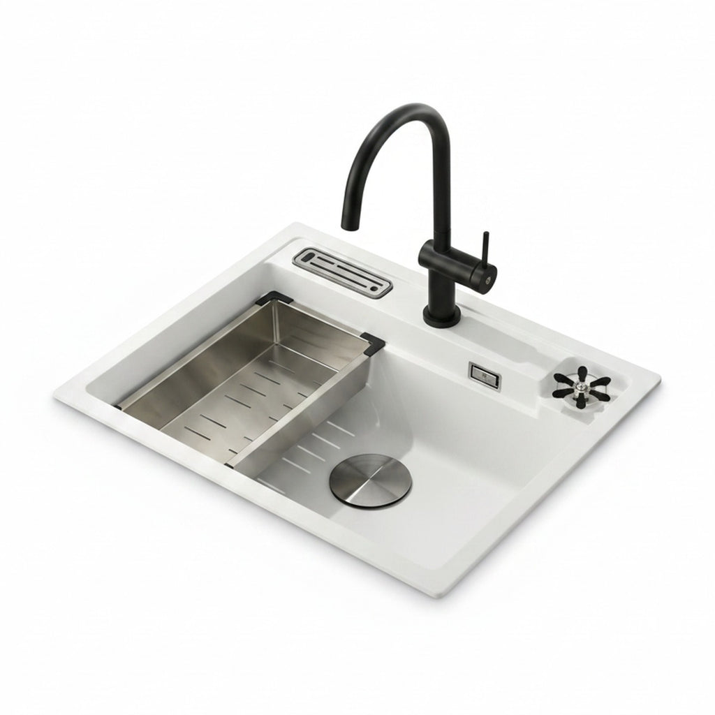 Fregadero de granito 62 cm blanco con enjuagador de vasos y portacuchillos