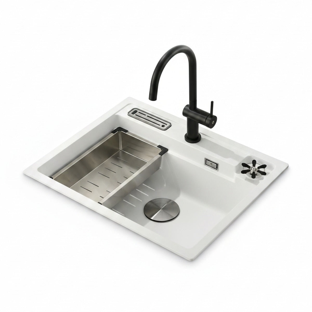 Fregadero de granito 62 cm blanco con enjuagador de vasos y portacuchillos