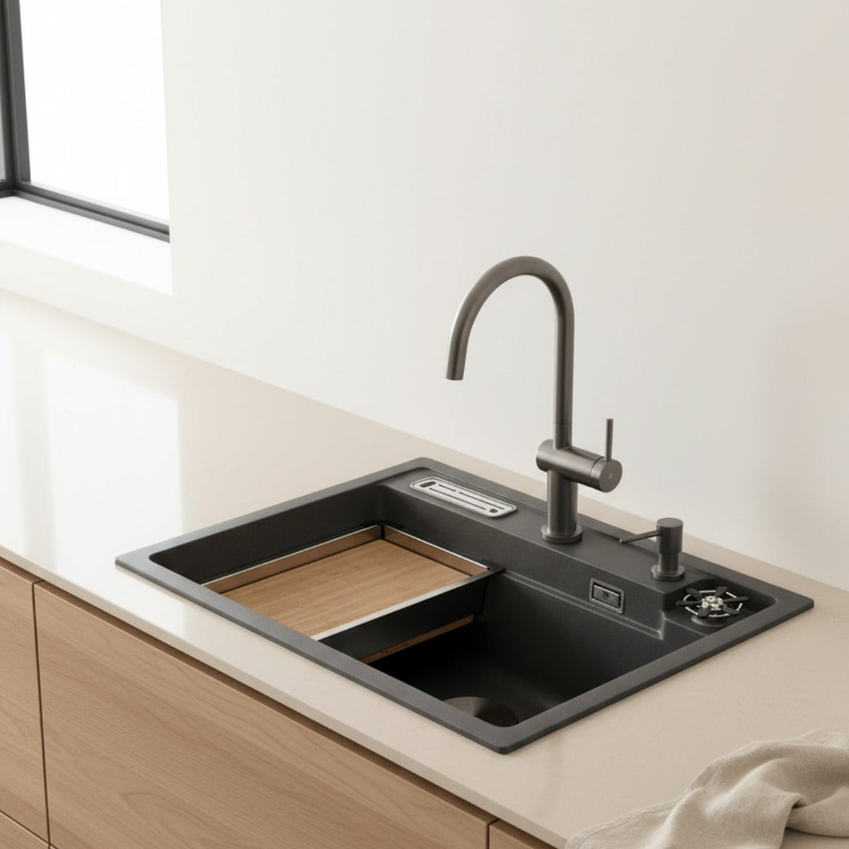 Fregadero de granito 62 cm gris con enjuagador de vasos y portacuchillos instalado en una cocina