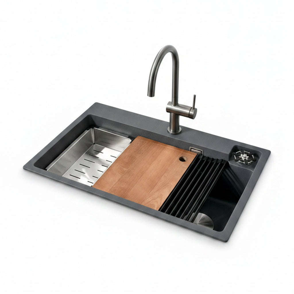 Fregadero de granito 75 cm gris con enjuagador de vasos, tabla y escurridor