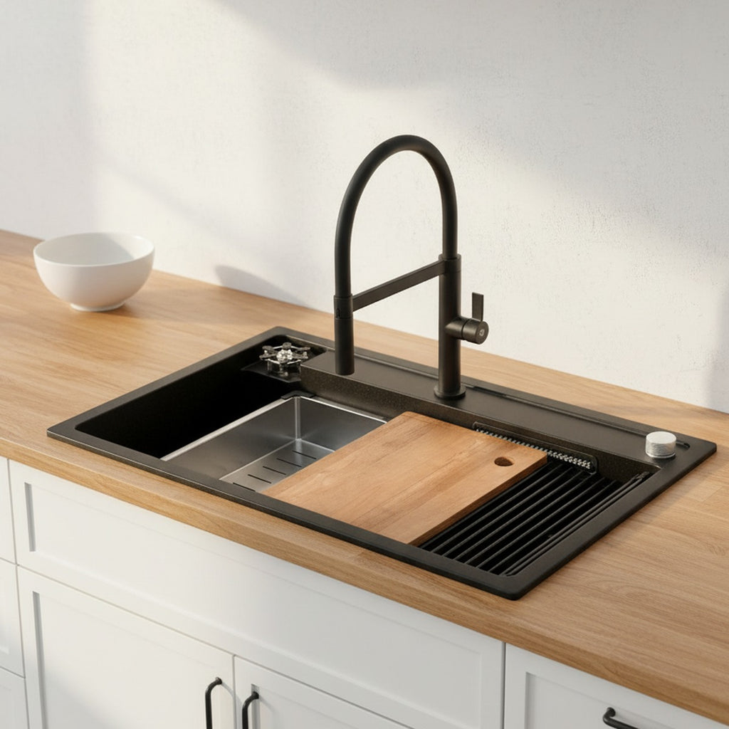 Fregadero de granito 80 cm negro premium con grifo extraíble y accesorios instalado en una cocina