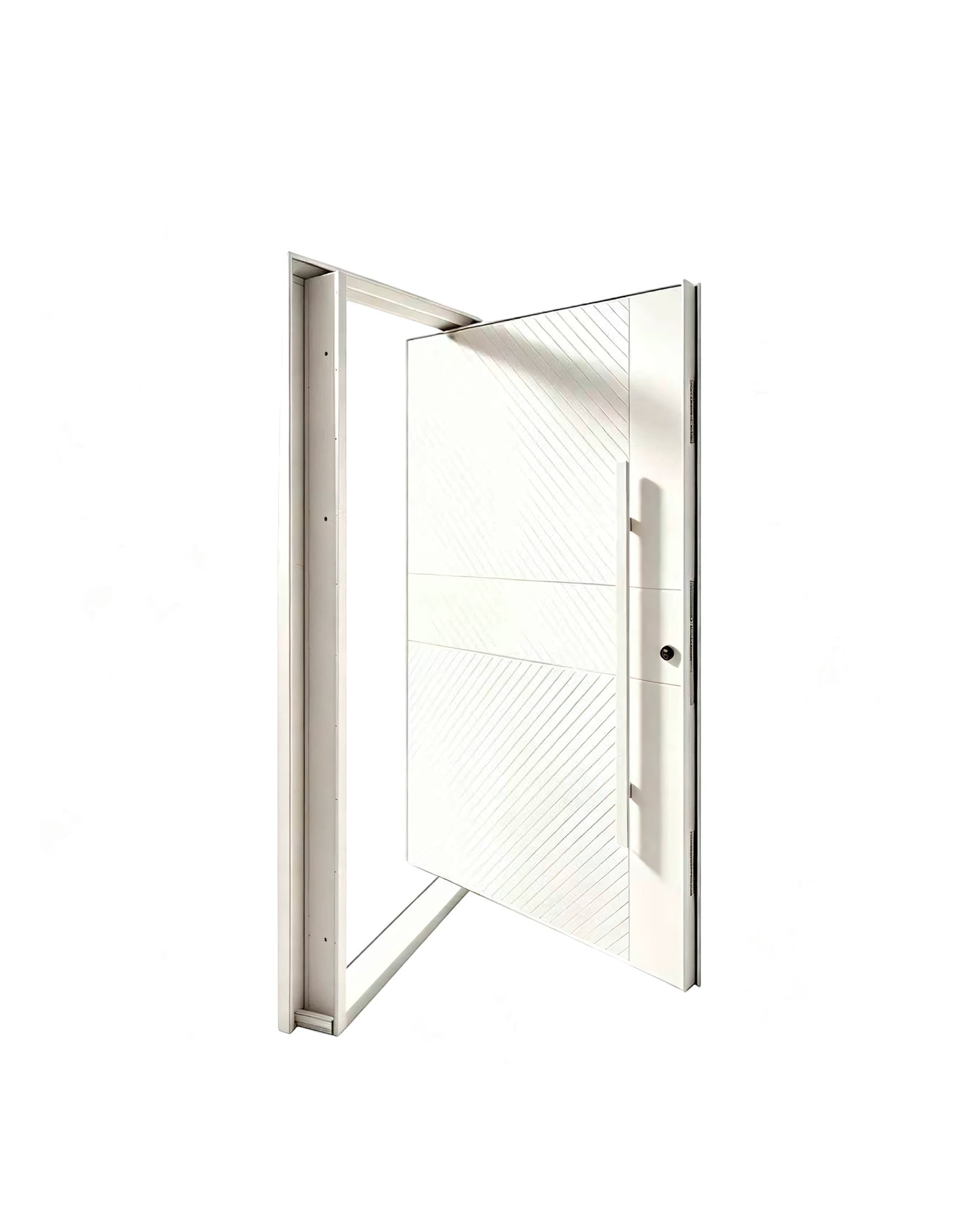 Puerta de seguridad blanco mate vista abierta con marco y bisagras