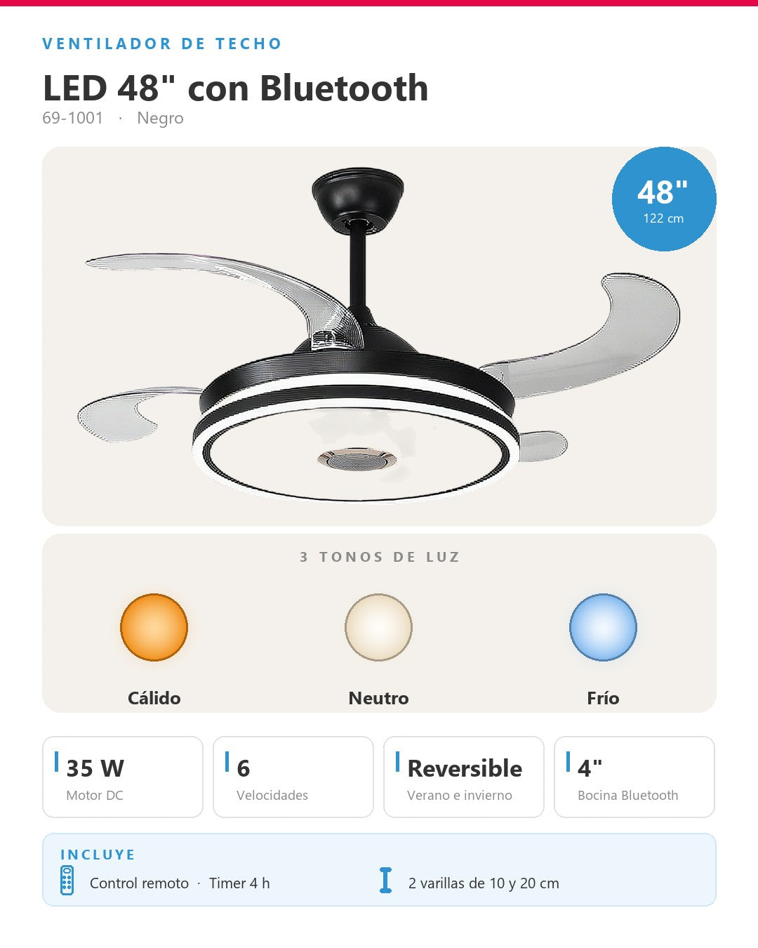 Abanico de techo retráctil aro LED slim negro 69-1001