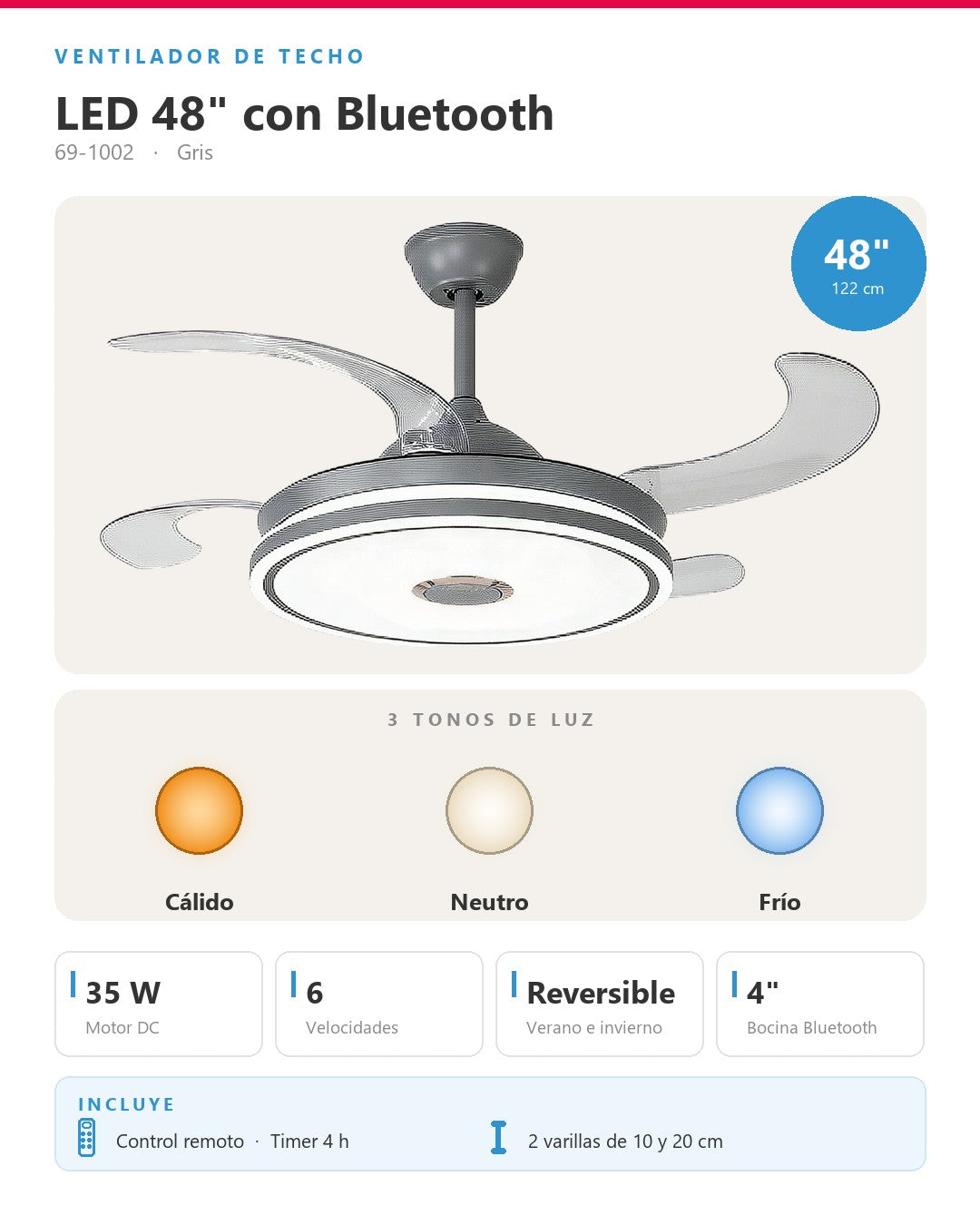 Abanico de techo retráctil aro LED slim gris 69-1002