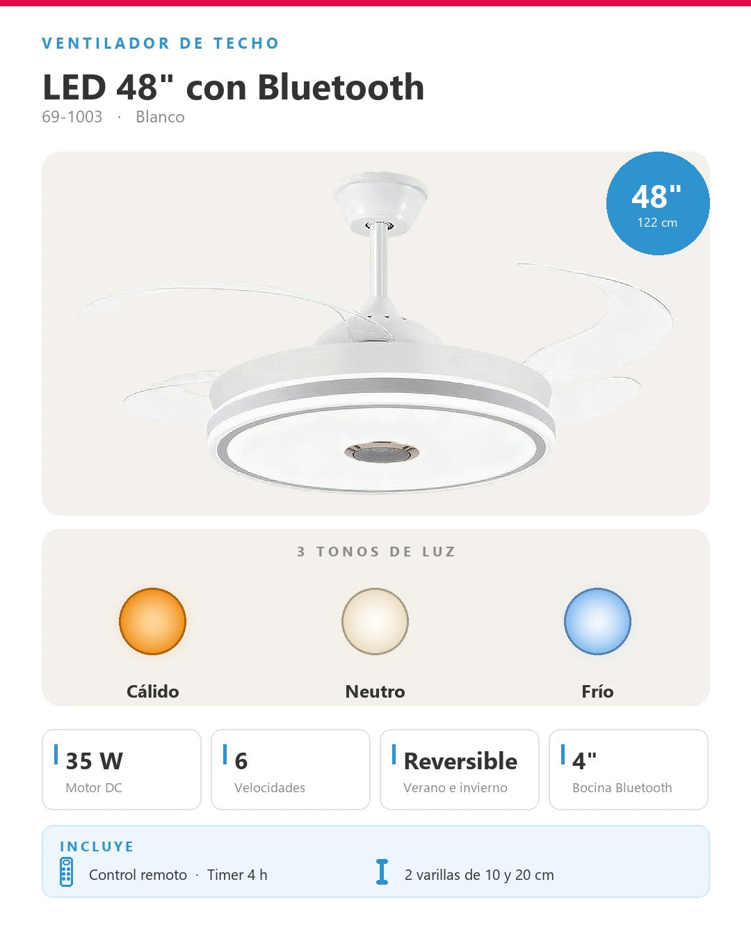 Abanico de techo retráctil aro LED slim blanco 69-1003
