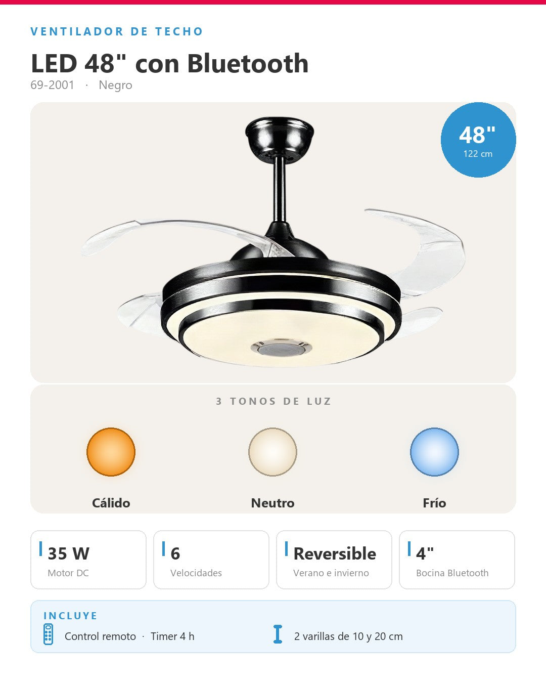 Abanico de techo retráctil aro LED escalonado negro 69-2001