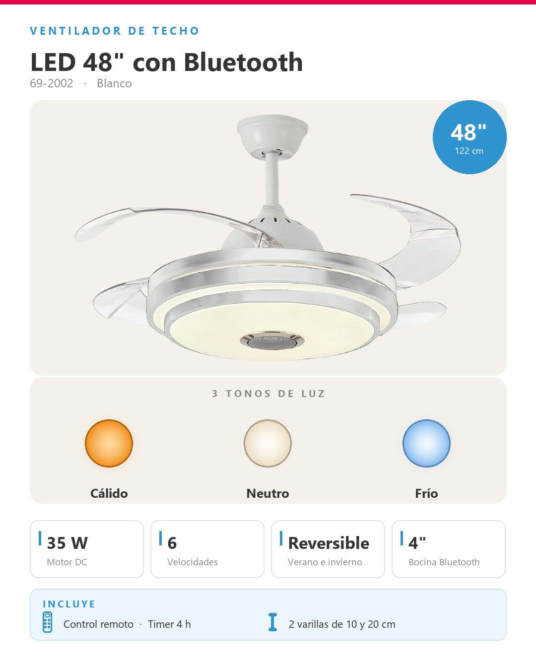 Abanico de techo retráctil aro LED escalonado blanco 69-2002