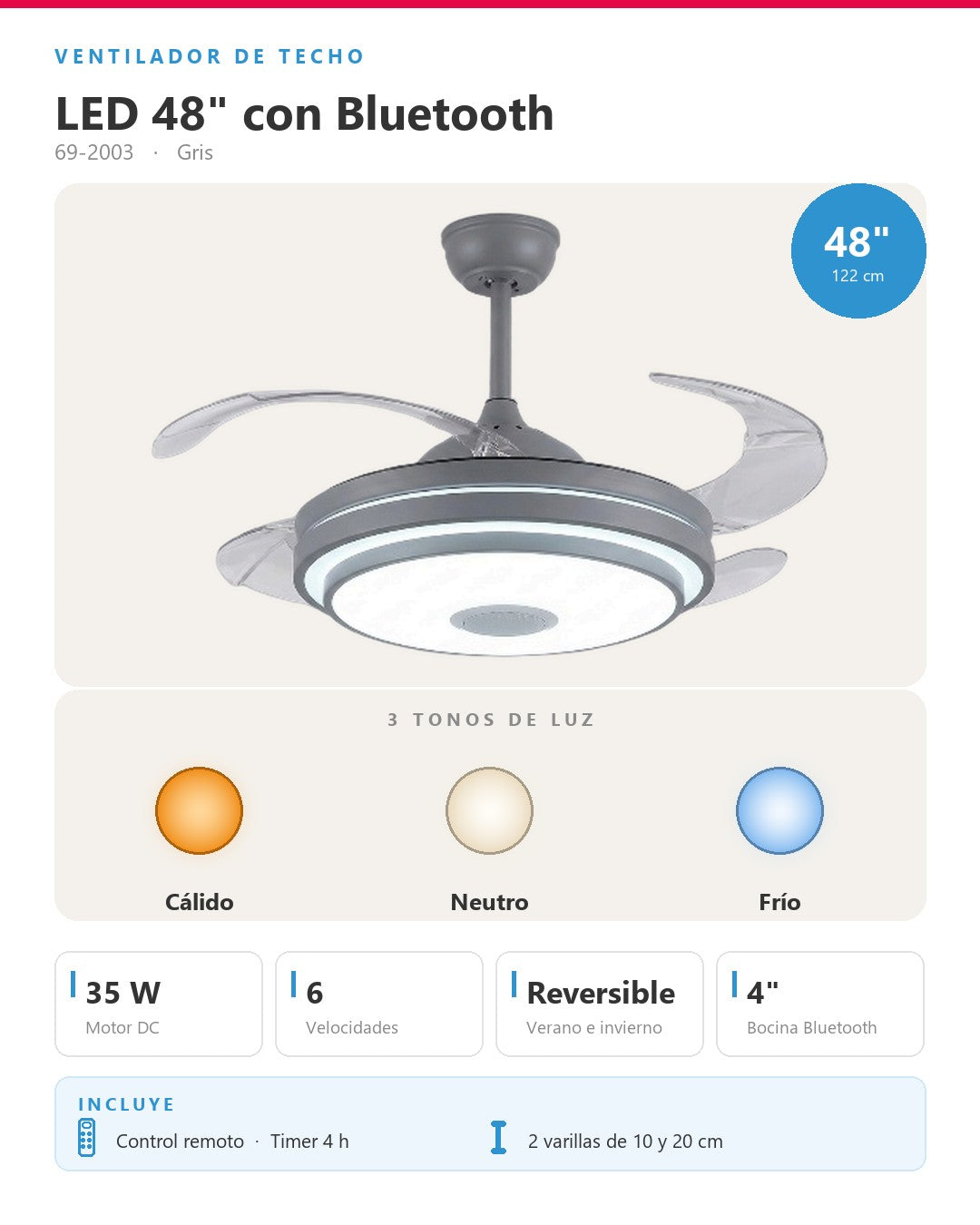 Abanico de techo retráctil aro LED escalonado gris 69-2003