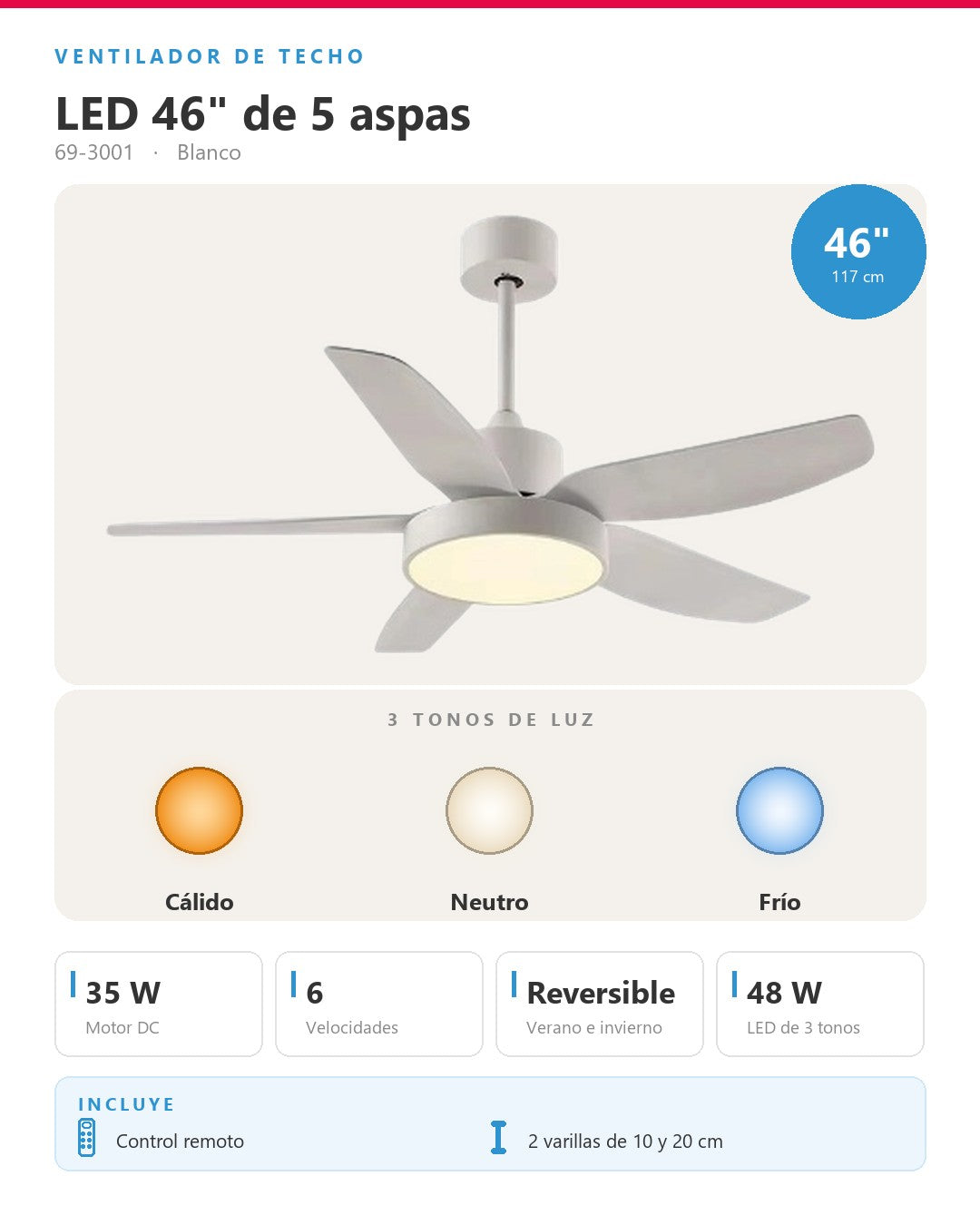 Abanico de techo 5 aspas con luz LED blanco 69-3001